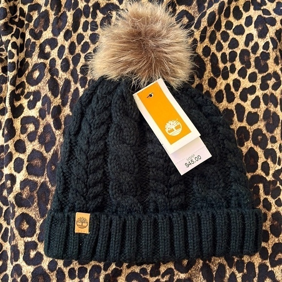 Brand New Timberland Black Cable Knit Beanie Hat Pom Cozy Fleece Lining Winter main image 5